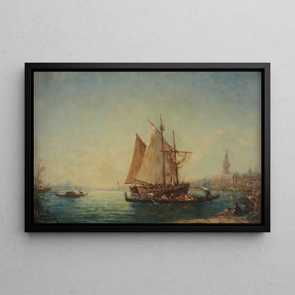 Fisherman and gondolas in the basin - Félix Ziem — framed artwork on a wall