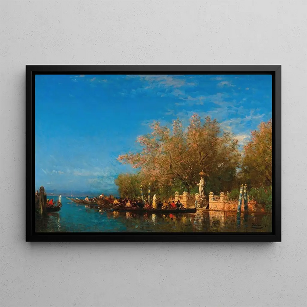 Venice a gondola ride painting at the entrance of the French Gardens - Félix Ziem — framed artwork on a wall
