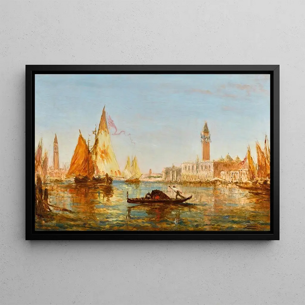 Venice painting, gondolas and sailboats in front of the Doge's Palace and San Giorgio Maggiore - Félix Ziem — framed artwork on a wall