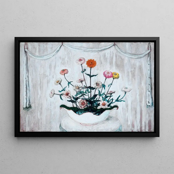 Zinnias - Florine Stettheimer — framed artwork on a wall