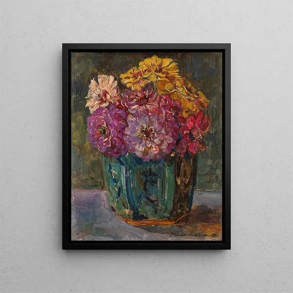 Nature morte avec des zinnias dans un pot vert - Floris Verster — framed artwork on a wall