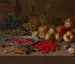 Cherry and wild strawberry plate with grapes, apples, pears, plums, and other fruits on a stone ledge - Floris van Schooten — artwork view