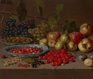 Cherry and wild strawberry plate with grapes, apples, pears, plums, and other fruits on a stone ledge - Floris van Schooten — artwork view