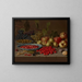 Cherry and wild strawberry plate with grapes, apples, pears, plums, and other fruits on a stone ledge - Floris van Schooten — framed artwork on a wall