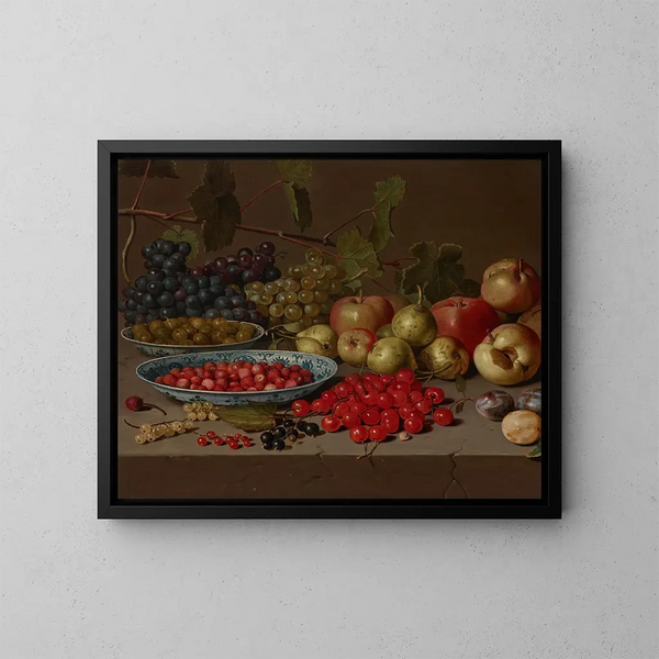 Cherry and wild strawberry plate with grapes, apples, pears, plums, and other fruits on a stone ledge - Floris van Schooten — framed artwork on a wall