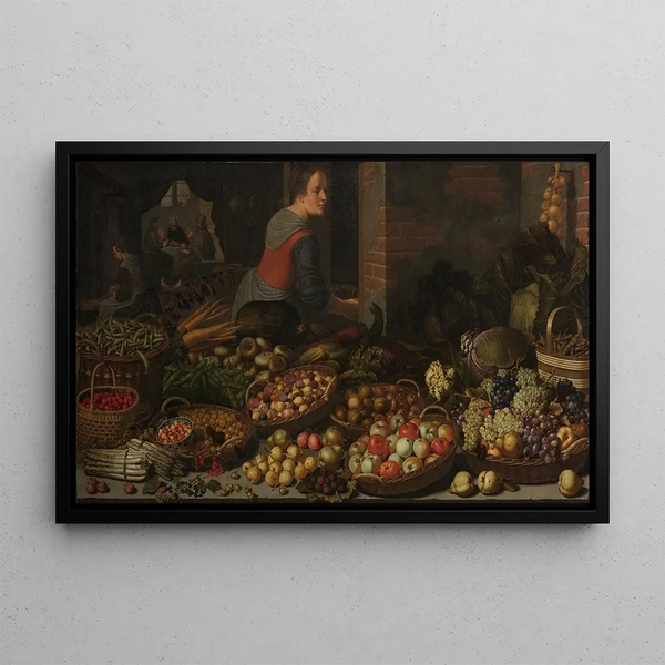 Still life with fruits and vegetables with Christ at Emmaus in the background - Floris van Schooten — framed artwork on a wall