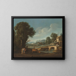 a landscape with Christ on the road to Emmaus - School of Filippo Teodoro de Liagno — framed artwork on a wall
