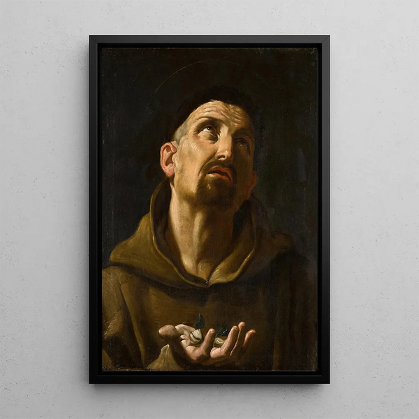 Saint Didacus of Alcalá holding rosebuds - Guido Reni School — framed artwork on a wall