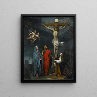 The Christ on the Cross with Saint John and Mary Magdalene - School of Jacques Stella — framed artwork on a wall