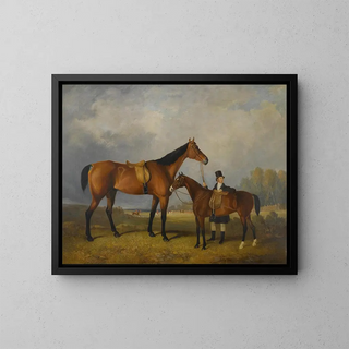 a Stableman with his horse holding his master's horse - School of William Barraud — framed artwork on a wall