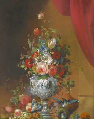 Nature morte with flowers in an urn, birds, and fruits on a ledge below - School of Anne Vallayer-Coster — artwork view