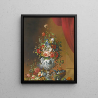 Nature morte with flowers in an urn, birds, and fruits on a ledge below - School of Anne Vallayer-Coster — framed artwork on a wall