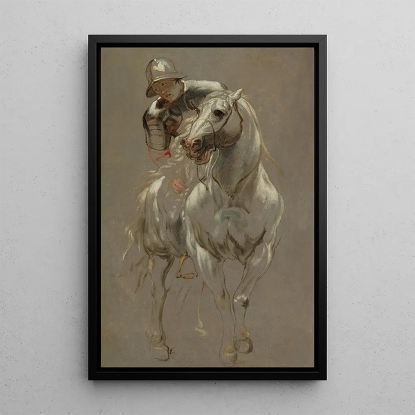 a knight in armor on horseback - School of Antoine van Dyck — framed artwork on a wall