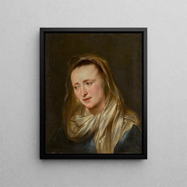 Head of a Woman Probably the Virgin - School of Antoine van Dyck — framed artwork on a wall