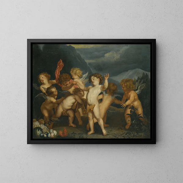 Putti dans un paysage - Ecole d'Antoine van Dyck — framed artwork on a wall