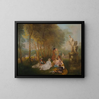 a fête galante with a statue of Venus - School of Antoine Watteau — framed artwork on a wall