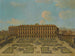 View of a palace, perhaps the Palacio Riofrío in Segovia, with figures strolling in the French-style gardens - School of Francesco Battaglioli — artwork view