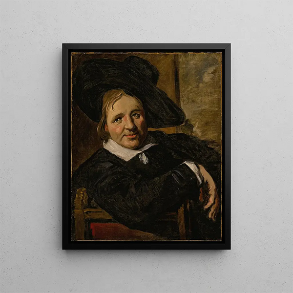 Portrait of a seated man wearing a hat - School of Frans Hals — framed artwork on a wall