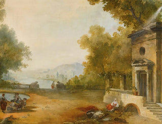 Figures sur une terrasse surplombant un grand lac - Ecole de Hubert Robert — artwork view