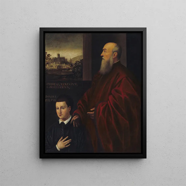 Andrea Renier and his son Daniele - School of Jacopo Tintoretto — framed artwork on a wall