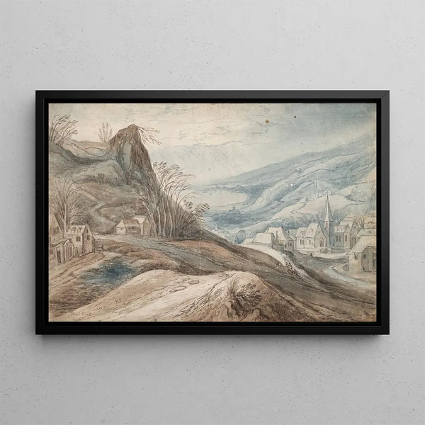 Mountain landscape painting with village in the valley and distant view - School of Jan Brueghel the Elder — framed artwork on a wall