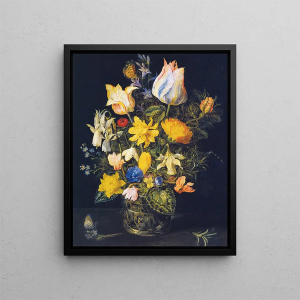 Still life with a bouquet of flowers - School of Jan Brueghel the Elder — framed artwork on a wall
