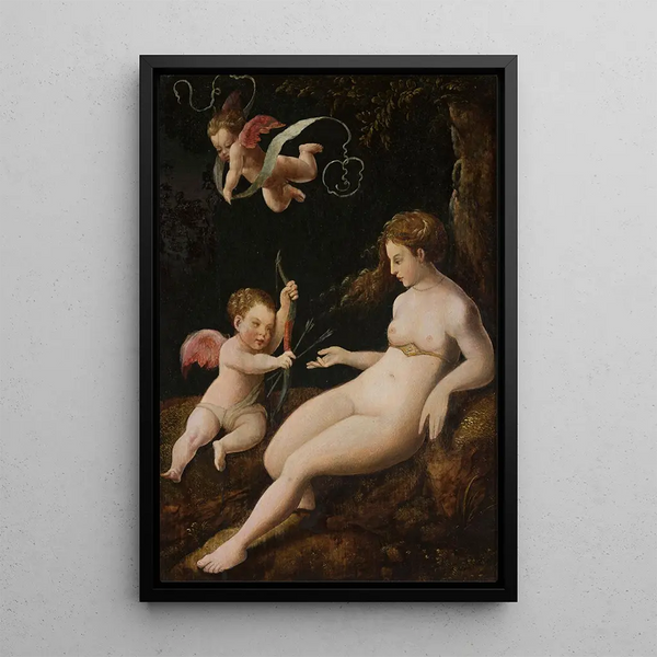 Venus with a Cupid - School of Lucas van Leyden — framed artwork on a wall