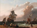 Coastal scene painting with a warship and other ships - Ludolf Backhuysen School — artwork view
