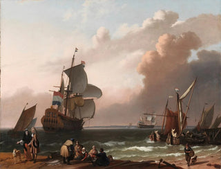 Coastal scene painting with a warship and other ships - Ludolf Backhuysen School — artwork view