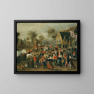 a wedding feast in a village - School of Marten van Cleve the Elder — framed artwork on a wall