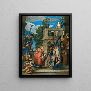 Elegant figures with halberdiers near a loggia - School of Paolo Caliari — framed artwork on a wall