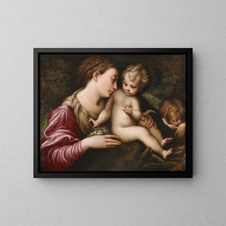 The Virgin and Child with Saint John the Baptist asleep - School of Parmigianino — framed artwork on a wall