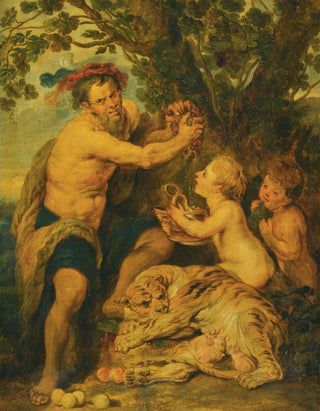 a man drinking with putti and a tiger - School of Peter Paul Rubens — artwork view