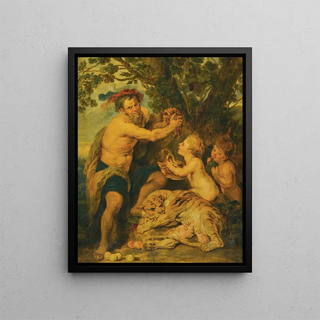 a man drinking with putti and a tiger - School of Peter Paul Rubens — framed artwork on a wall