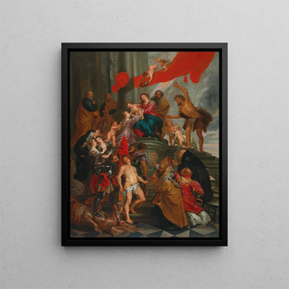 La Vierge à l'Enfant avec des saints (Conflit de cas) - École de Peter Paul Rubens — framed artwork on a wall