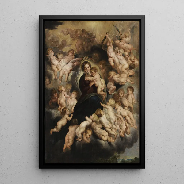 Marie with the Child in a crown of angels - School of Peter Paul Rubens — framed artwork on a wall