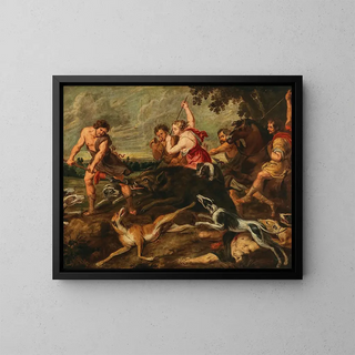 Méléagre et Atalante chassant le sanglier de Calydon - School of Peter Paul Rubens — framed artwork on a wall