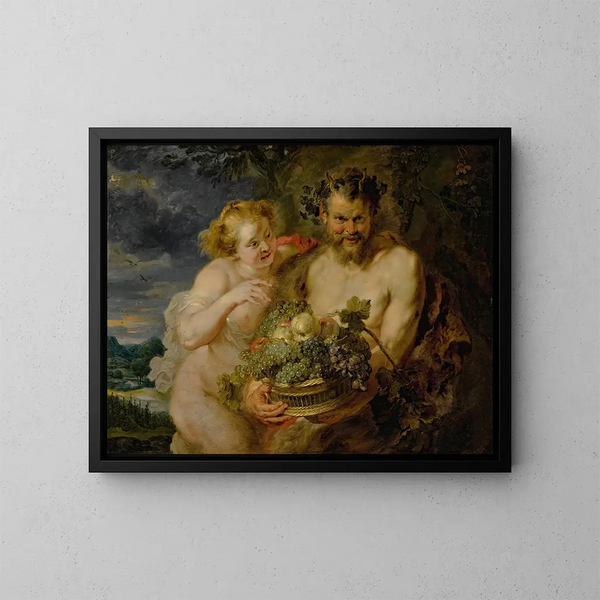 Satyr and Bacchante - School of Peter Paul Rubens — framed artwork on a wall