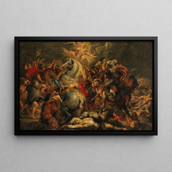 La Mort de Decius Mus dans une bataille contre les Latins - Ecole de Peter Paul Rubens — framed artwork on a wall