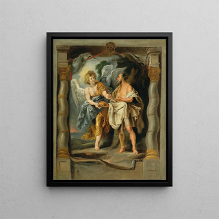 The Prophet Elijah Fed by the Angel - School of Peter Paul Rubens — framed artwork on a wall