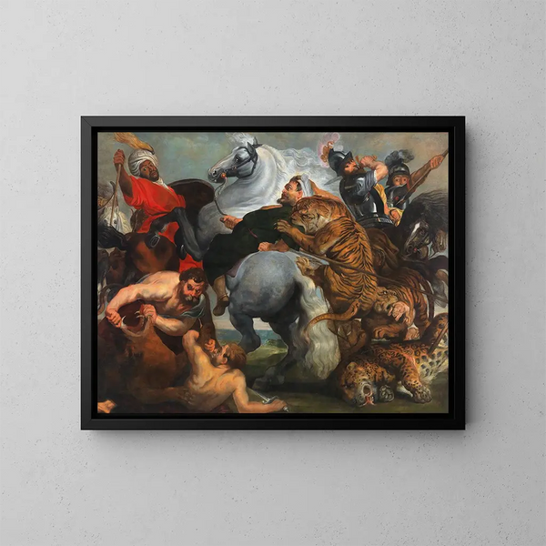 La chasse au tigre, au lion et au léopard - Ecole de Peter Paul Rubens — framed artwork on a wall
