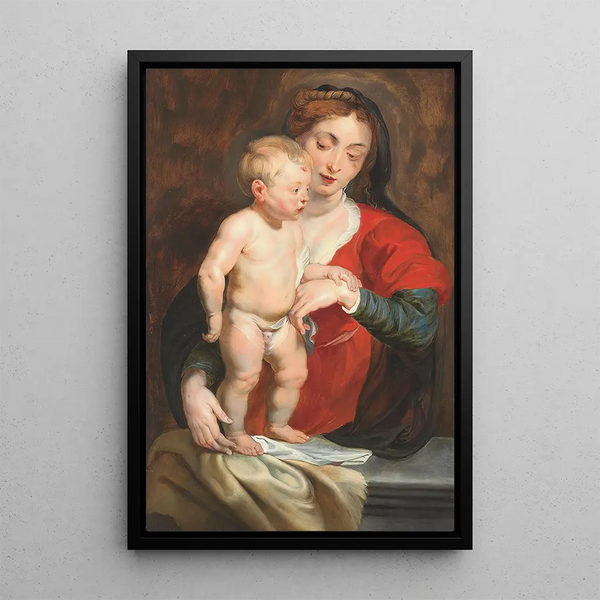 La Vierge soutenant l'Enfant Jésus sur un parapet - Ecole de Peter Paul Rubens — framed artwork on a wall