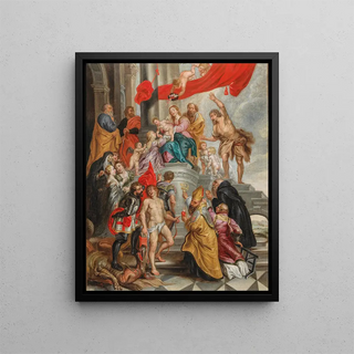 La Vierge et l'Enfant adorés par les saints - École de Peter Paul Rubens — framed artwork on a wall