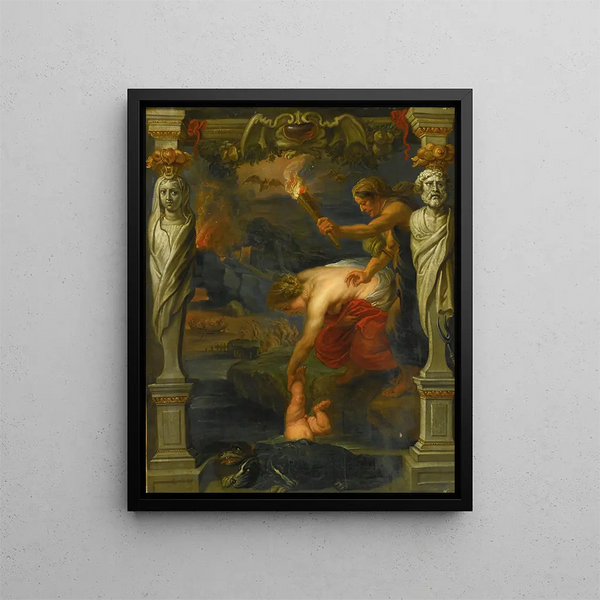 Thétis plongeant l'enfant Achille dans le fleuve Styx - École de Peter Paul Rubens — framed artwork on a wall