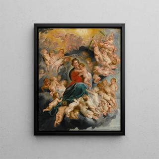 Virgin and Child with putti - School of Peter Paul Rubens — framed artwork on a wall