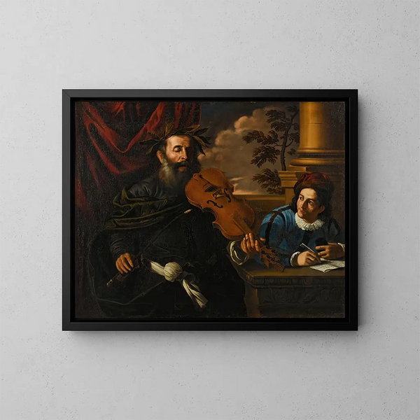 Homer playing the violin with a student - School of Pier Francesco Mola — framed artwork on a wall