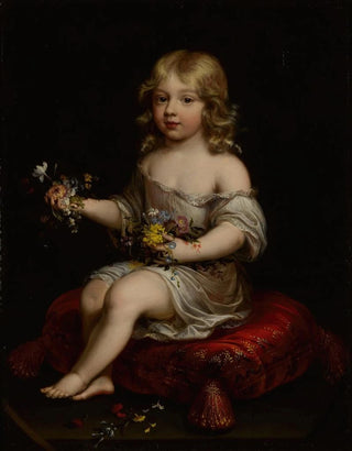 Portrait of a young boy sitting on a cushion holding flowers - Pierre Mignard School — artwork view