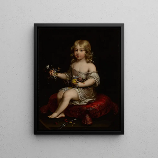 Portrait of a young boy sitting on a cushion holding flowers - Pierre Mignard School — framed artwork on a wall