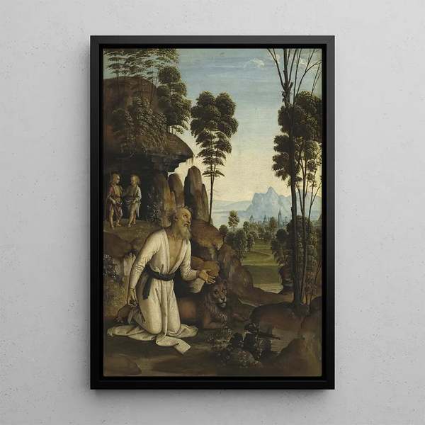 Saint Jerome in the Desert - School of Pietro Perugino — framed artwork on a wall
