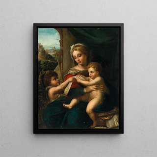 The Virgin and Child with the Little Saint John the Baptist - School of Raphael — framed artwork on a wall